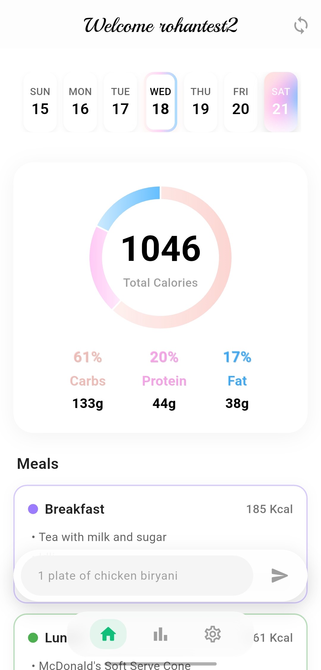 Zuli app showing today's calorie and macro dashboard