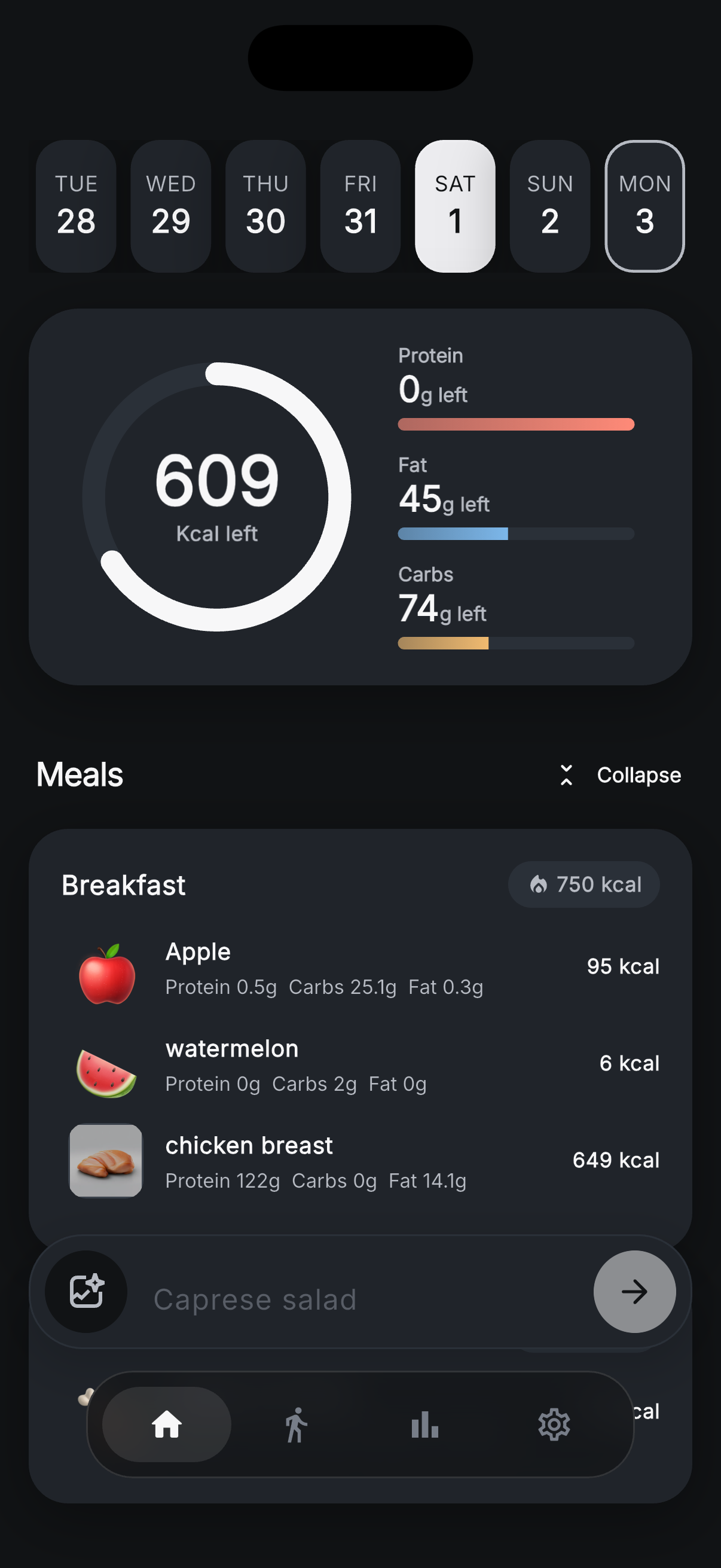 Zuli app showing calories left and macro goal progress for the day
